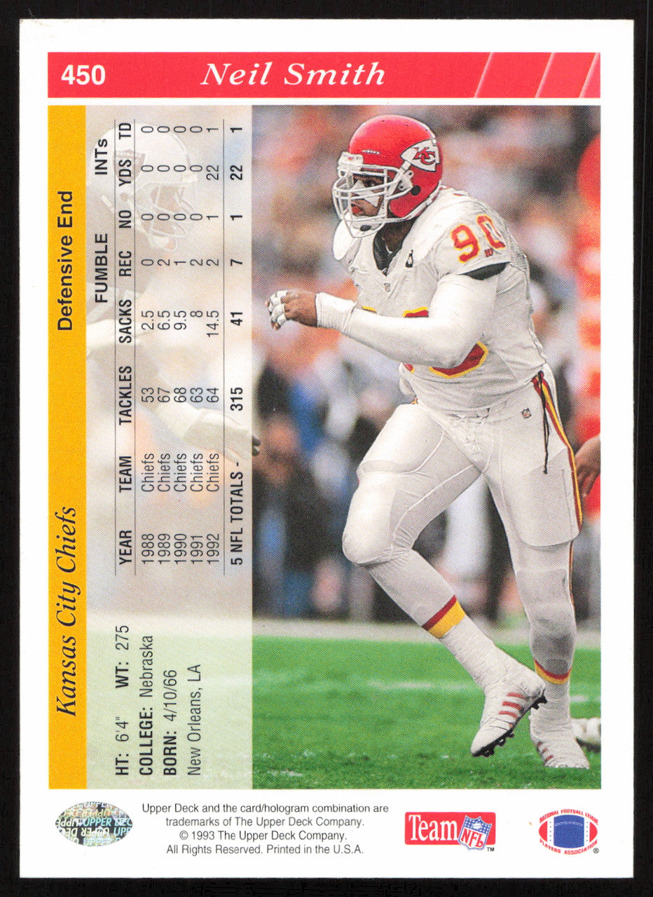 Neil Smith Autographed 1993 Upper Deck Card #450 Kansas City Chiefs SKU #259546