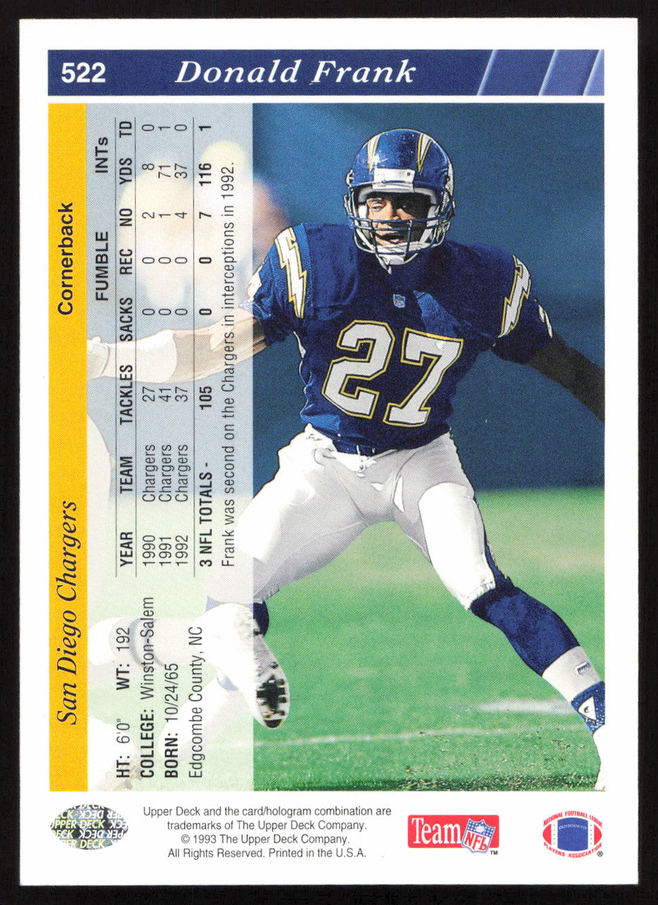 Donald Frank Autographed 1993 Upper Deck Card #522 San Diego Chargers SKU #259551