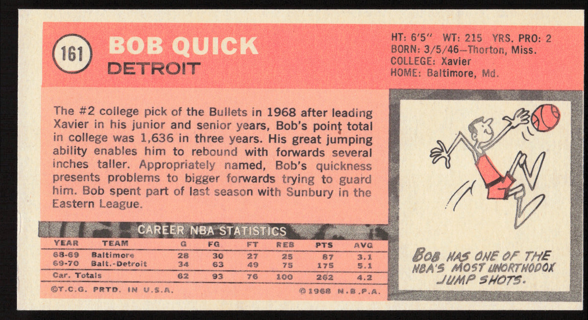 Bob Quick Autographed 1970-71 Topps Rookie Card #161 Detroit Pistons SKU #259655