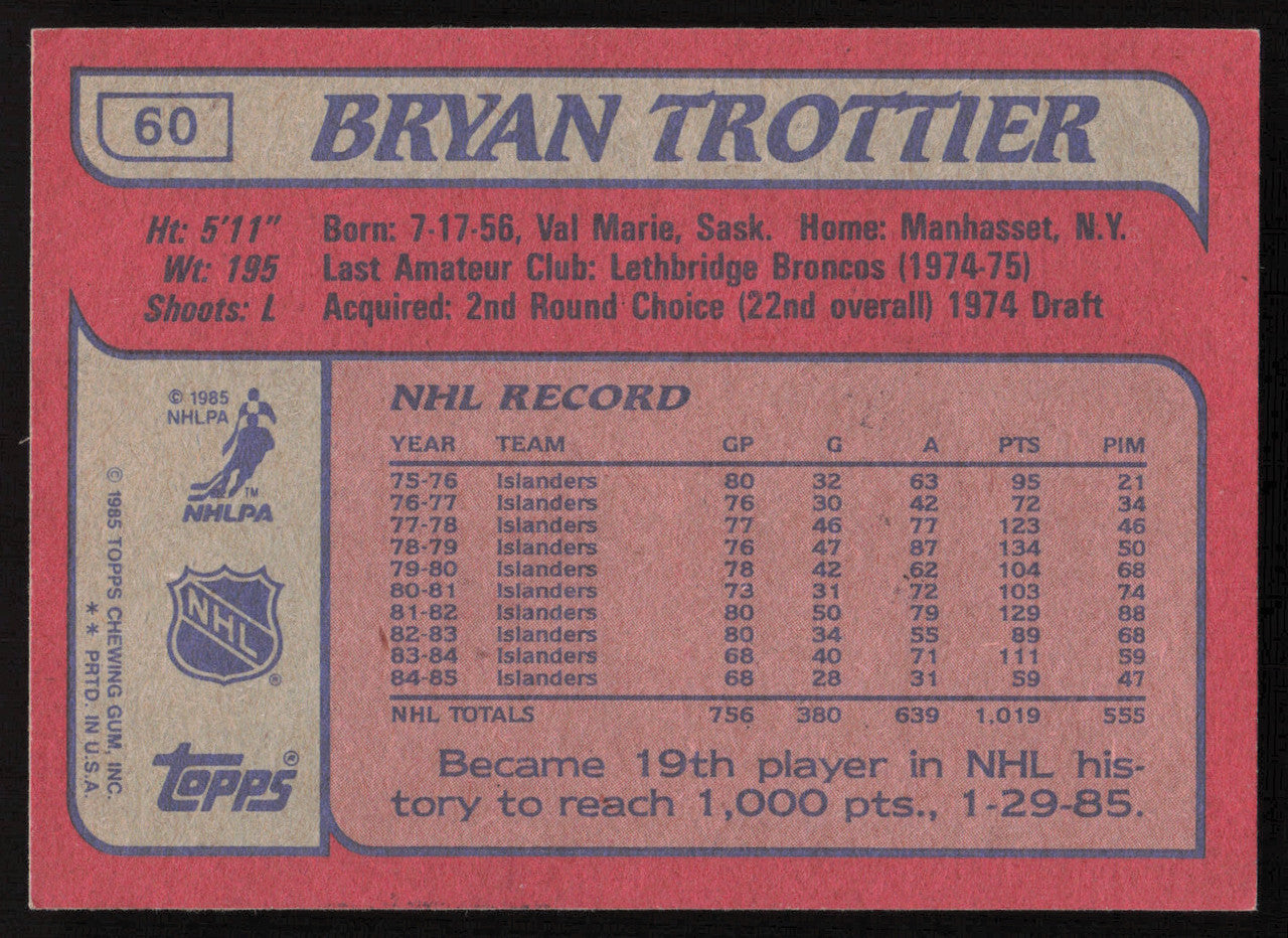 Bryan Trottier Autographed 1985-86 Topps Card #60 New York Islanders SKU #259670