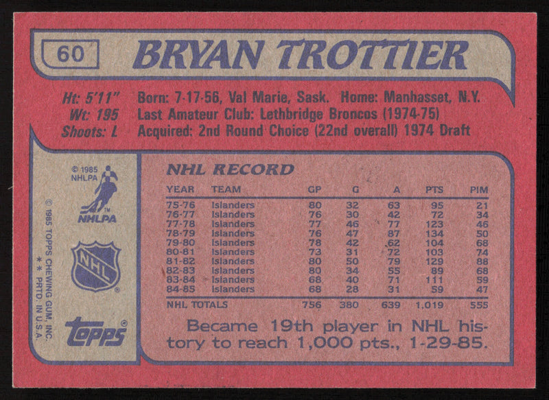 Bryan Trottier Autographed 1985-86 Topps Card #60 New York Islanders SKU #259670