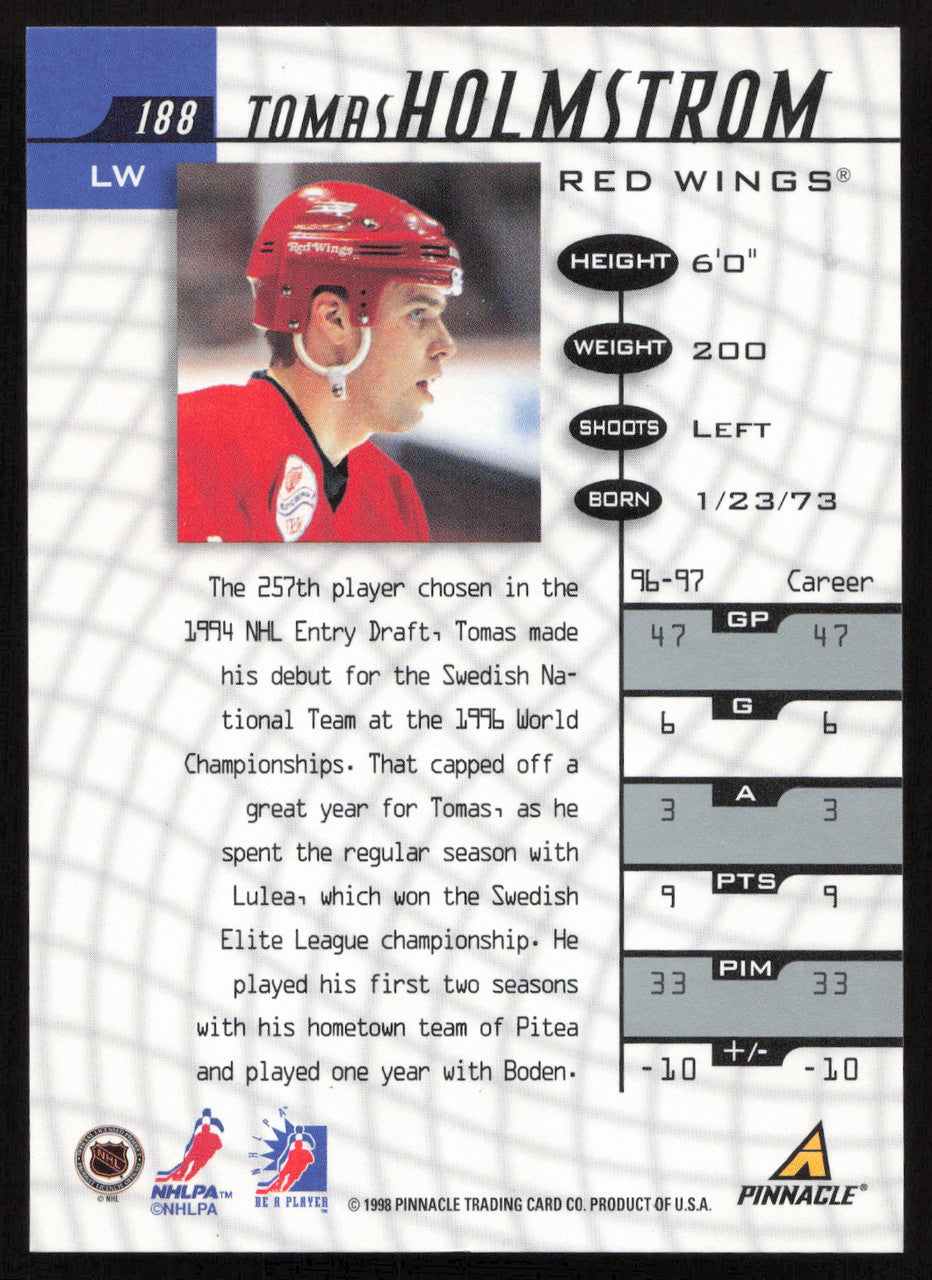 Tomas Holmstrom Autographed 1998-99 Pinnacle Card #188 Detroit Red Wings SKU #259677