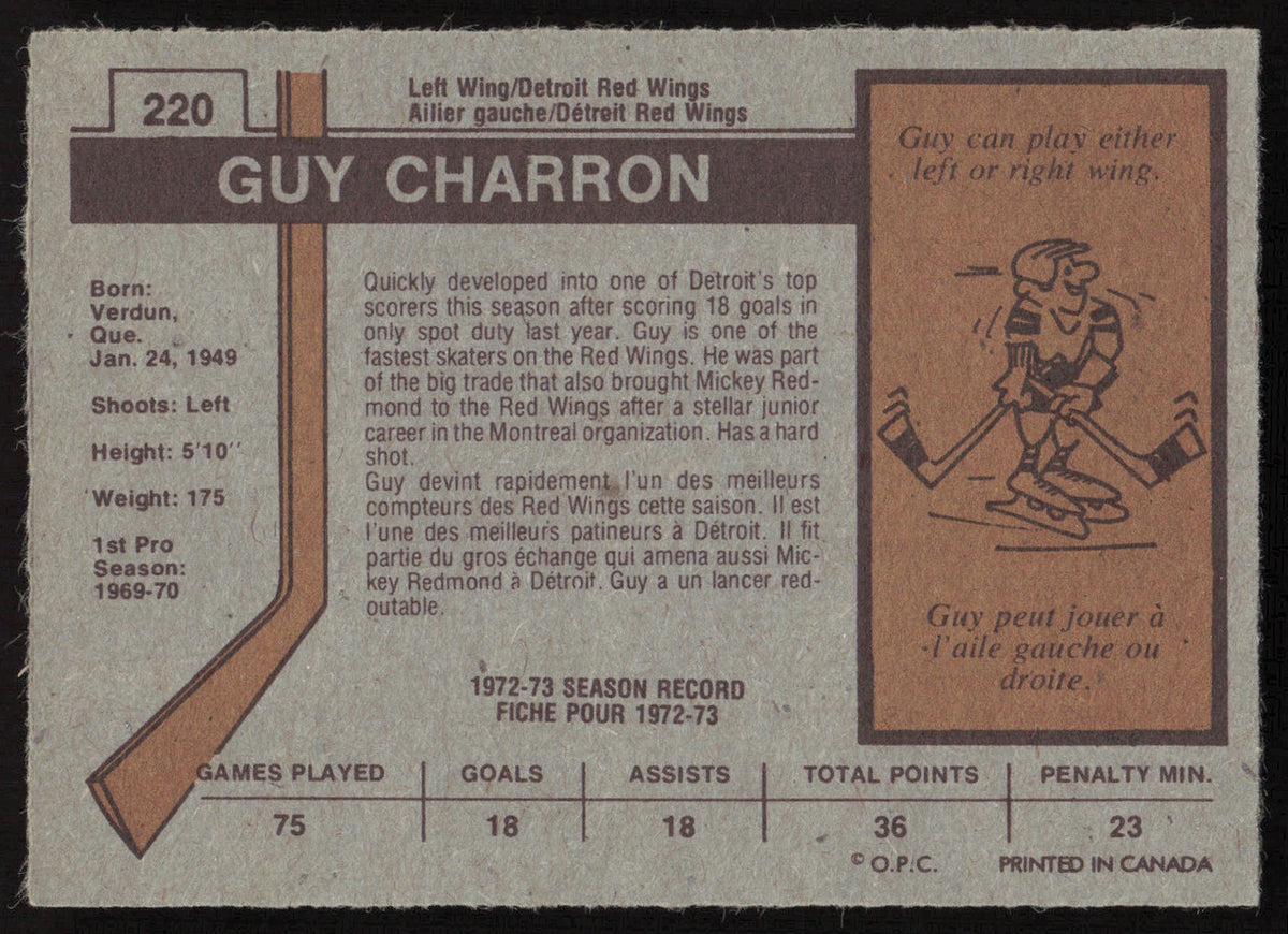 Guy Charron Autographed 1973-74 O-Pee-Chee Card #220 Detroit Red Wings SKU #259683