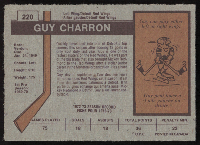 Guy Charron Autographed 1973-74 O-Pee-Chee Card #220 Detroit Red Wings SKU #259683