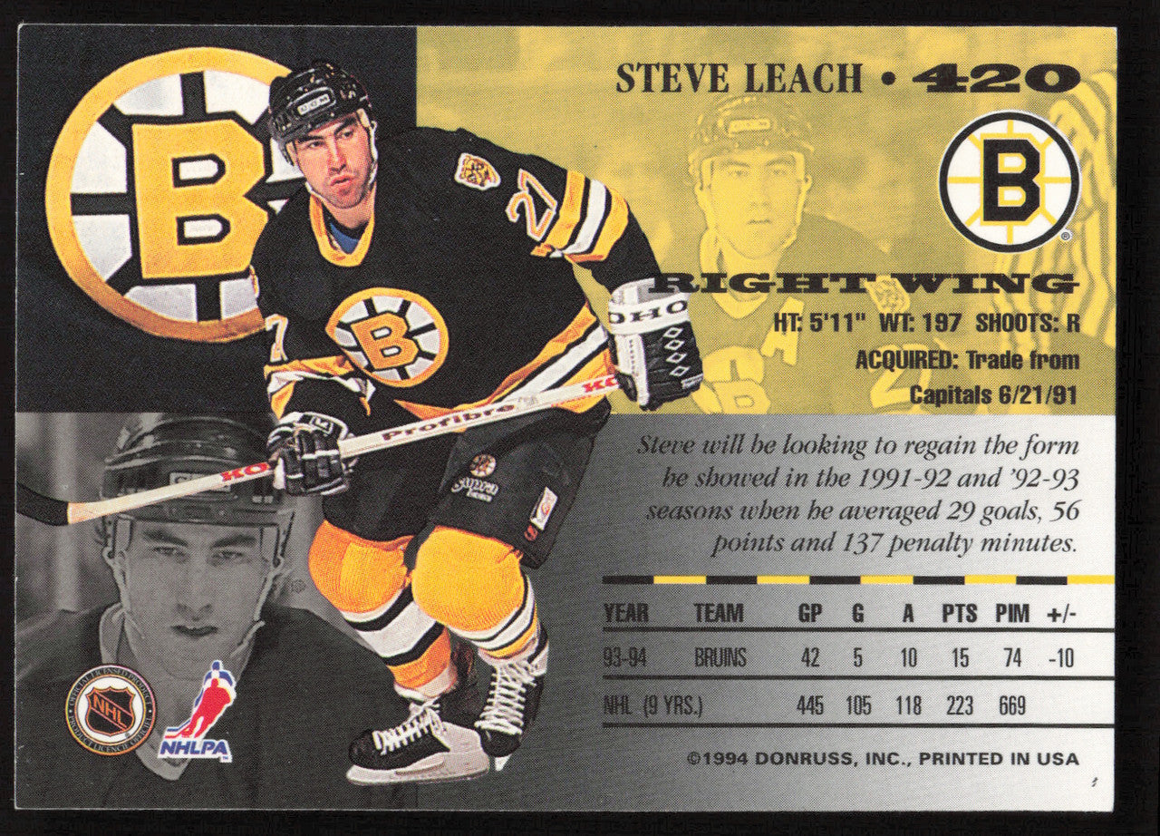 Steve Leach Autographed 1994-95 Leaf Card #420 Boston Bruins SKU #259685