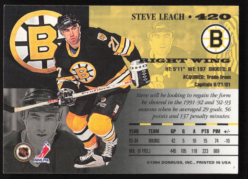 Steve Leach Autographed 1994-95 Leaf Card #420 Boston Bruins SKU #259685