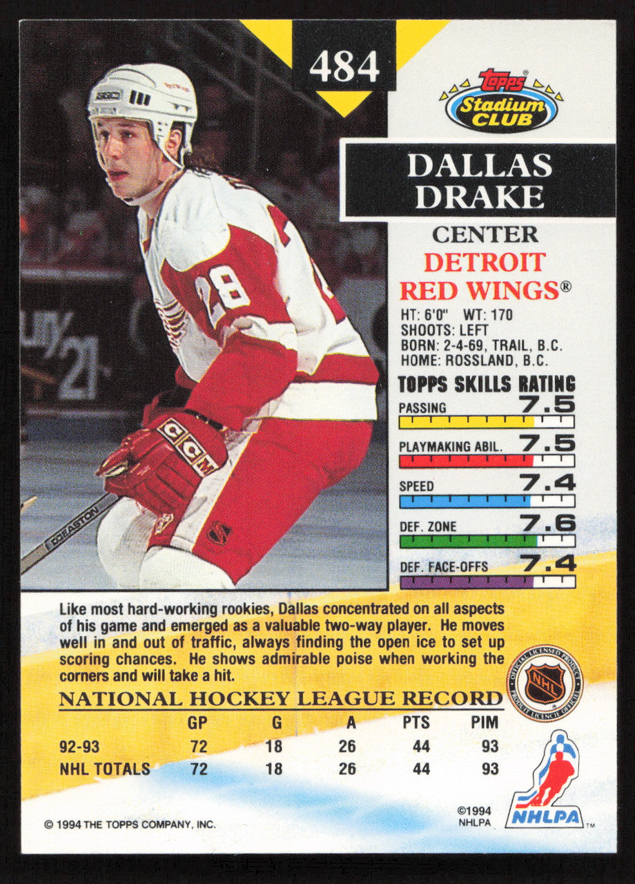 Dallas Drake Autographed 1993-94 Stadium Club Rookie Card #484 Detroit Red Wings SKU #259687