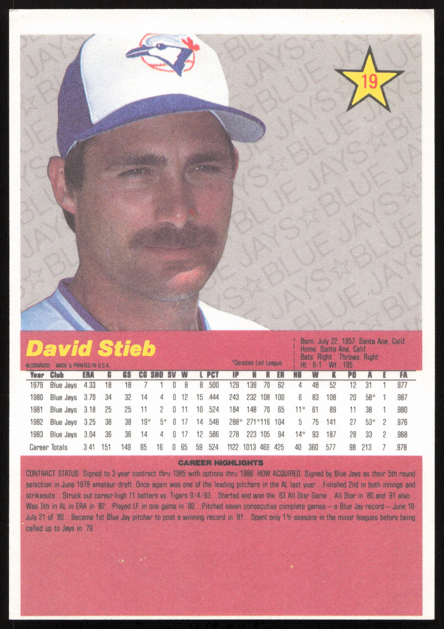 Dave Stieb Autographed 1984 Donruss Action All Stars Card #19 Toronto Blue Jays SKU #259704