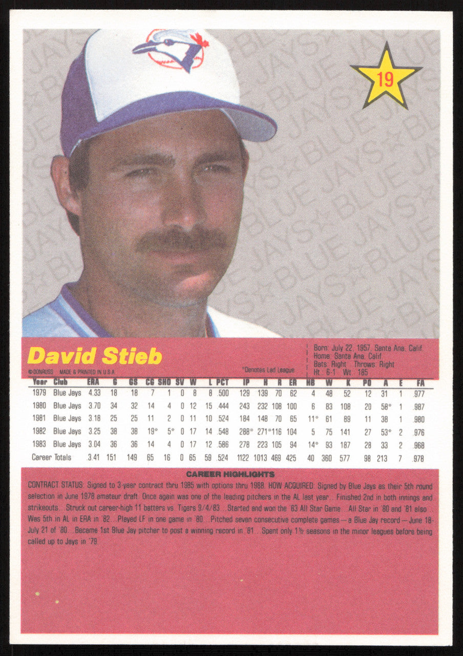 Dave Stieb Autographed 1984 Donruss Action All Stars Card #19 Toronto Blue Jays SKU #259705