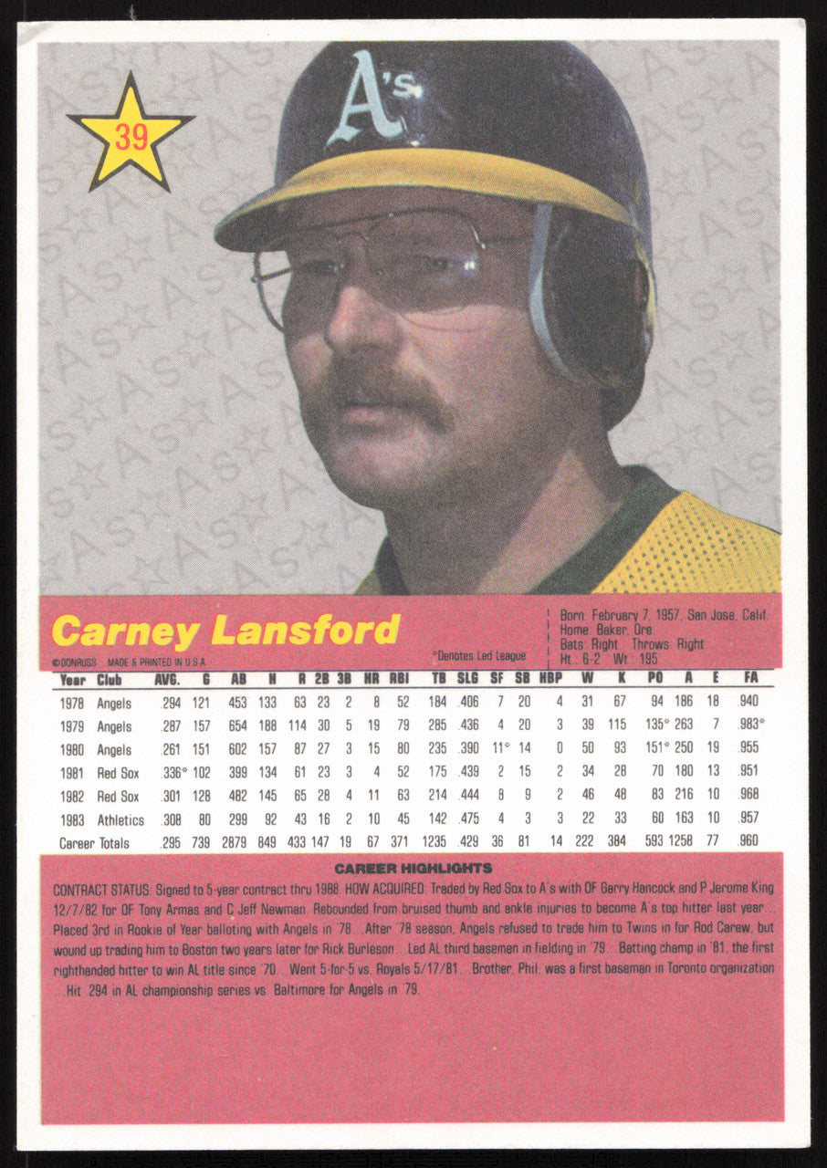 Carney Lansford Autographed 1984 Donruss Action All Stars Card #39 Oakland A's SKU #259710