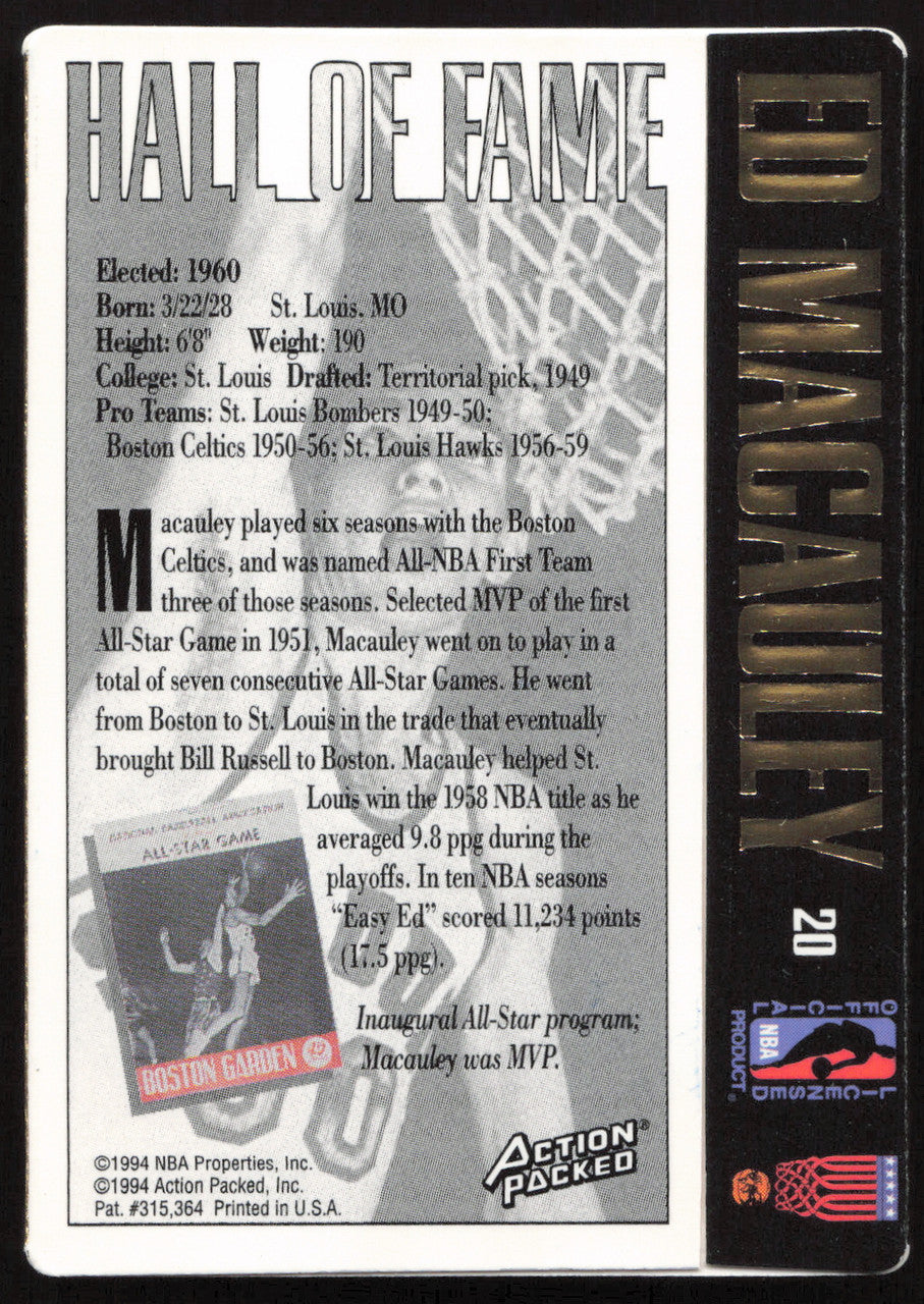 Ed Macauley Autographed 1994-95 Action Packed Card #20 St. Louis Hawks SKU #259723
