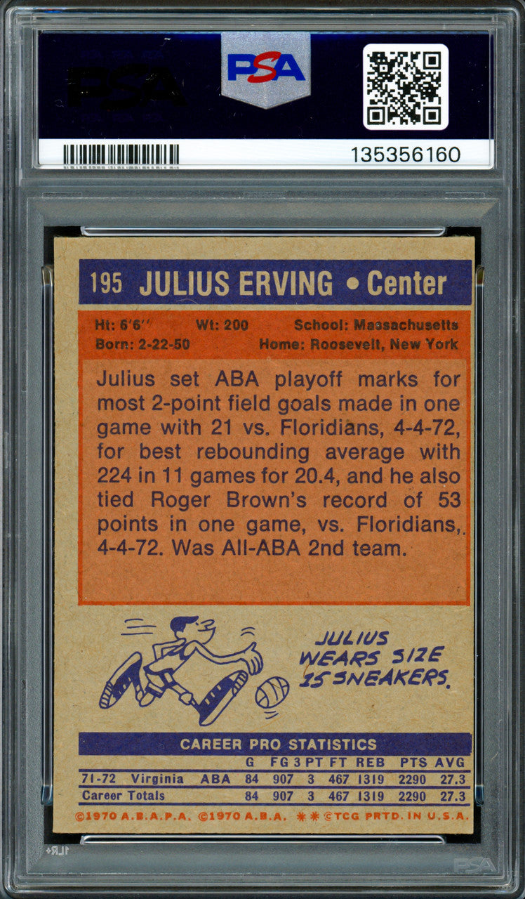 Julius "Dr. J" Erving Autographed 1972 Topps Rookie Card #195 Virginia Squires PSA 7 Auto Grade Gem Mint 10 PSA/DNA #135356160