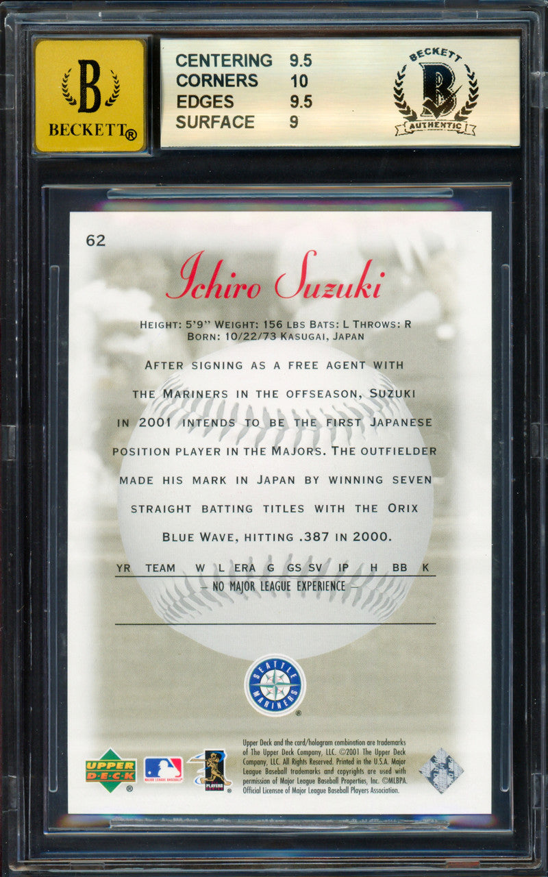 Ichiro Suzuki Autographed 2001 Upper Deck Sweet Spot Rookie Card #62 Seattle Mariners BGS 9.5 Auto Grade Gem Mint 10 "HOF 25" Beckett BAS #18955117