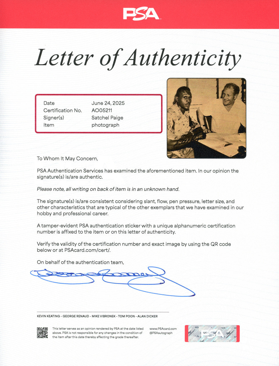 Satchel Paige Autographed 6x6 Photo With Bill Veeck PSA/DNA #AO05211