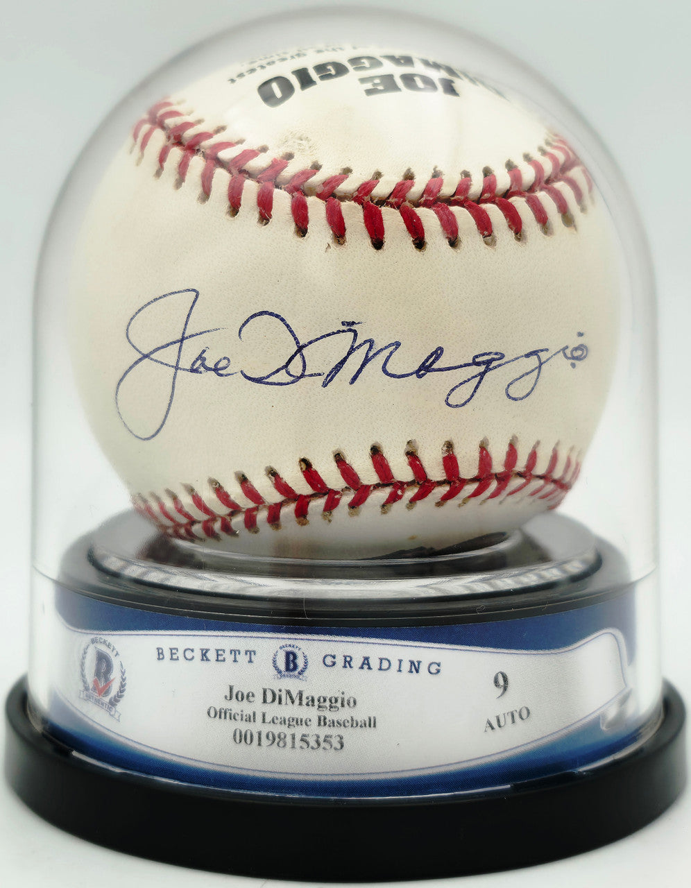 Joe DiMaggio Autographed Official Logo League Baseball New York Yankees Auto Grade Mint 9 Beckett BAS #19815353