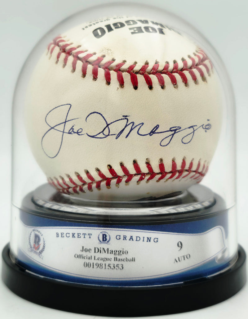 Joe DiMaggio Autographed Official Logo League Baseball New York Yankees Auto Grade Mint 9 Beckett BAS #19815353