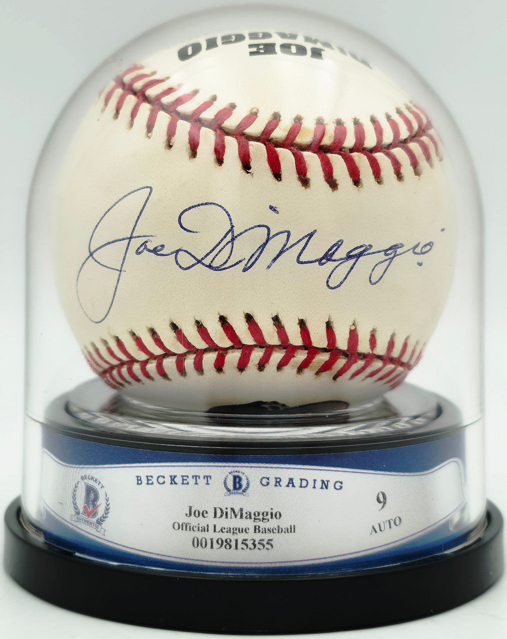 Joe DiMaggio Autographed Official Logo League Baseball New York Yankees Auto Grade Mint 9 Beckett BAS #19815355