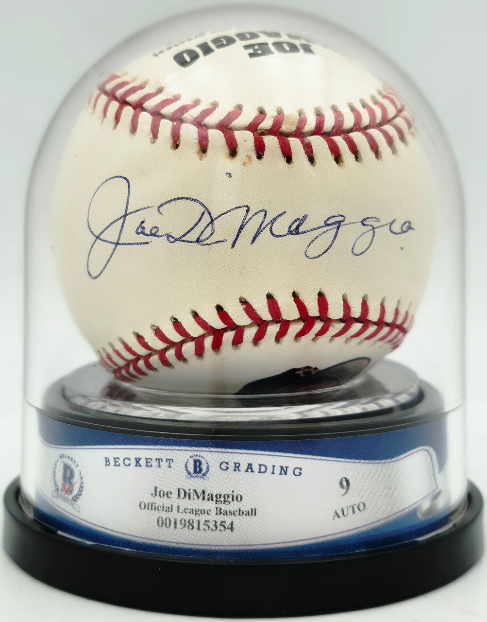Joe DiMaggio Autographed Official Logo League Baseball New York Yankees Auto Grade Mint 9 Beckett BAS #19815354