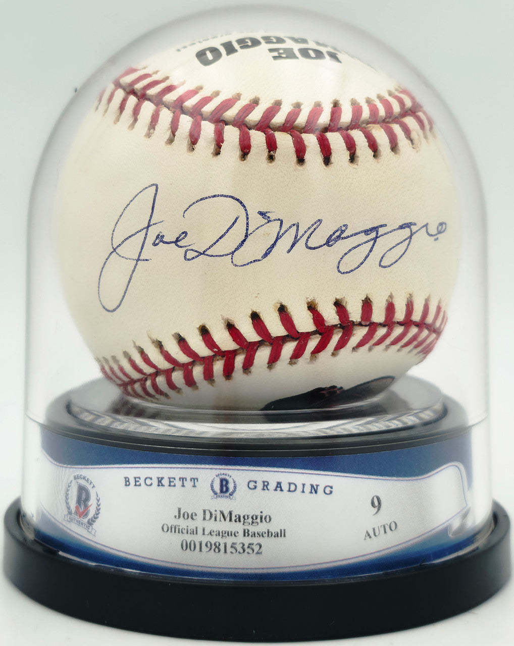Joe DiMaggio Autographed Official Logo League Baseball New York Yankees Auto Grade Mint 9 Beckett BAS #19815352