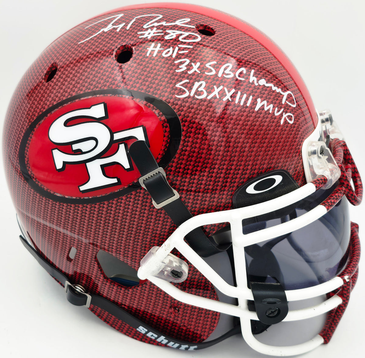 Jerry Rice Autographed San Francisco 49ers Red Full Size Schutt Authentic Helmet "HOF, 3x SB Champ, SBXXIII MVP" Beckett BAS Witness #L45240