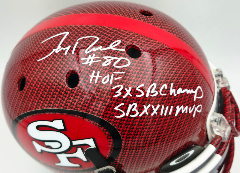 Jerry Rice Autographed San Francisco 49ers Red Full Size Schutt Authentic Helmet "HOF, 3x SB Champ, SBXXIII MVP" Beckett BAS Witness #L45240