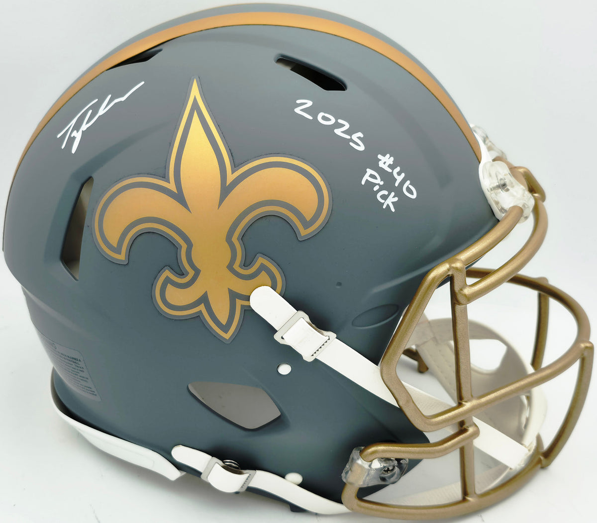 Tyler Shough Autographed New Orleans Saints Slate Gray Full Size Speed Authentic Helmet "2025 #40 Pick" Fanatics Holo #DC75984482