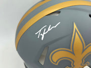 Tyler Shough Autographed New Orleans Saints Slate Gray Full Size Speed Authentic Helmet "2025 #40 Pick" Fanatics Holo #DC75984482
