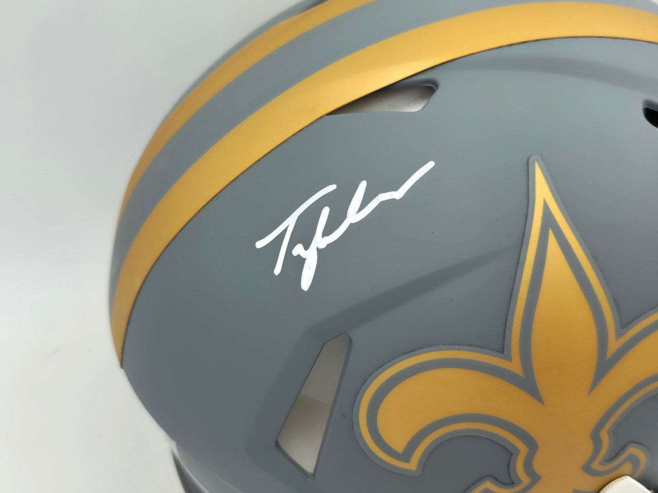 Tyler Shough Autographed New Orleans Saints Slate Gray Full Size Speed Authentic Helmet "2025 #40 Pick" Fanatics Holo #DC75984482