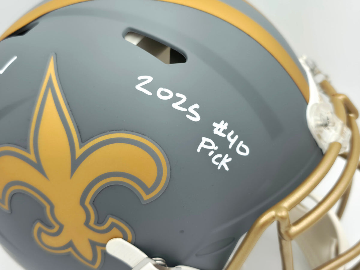 Tyler Shough Autographed New Orleans Saints Slate Gray Full Size Speed Authentic Helmet "2025 #40 Pick" Fanatics Holo #DC75984482