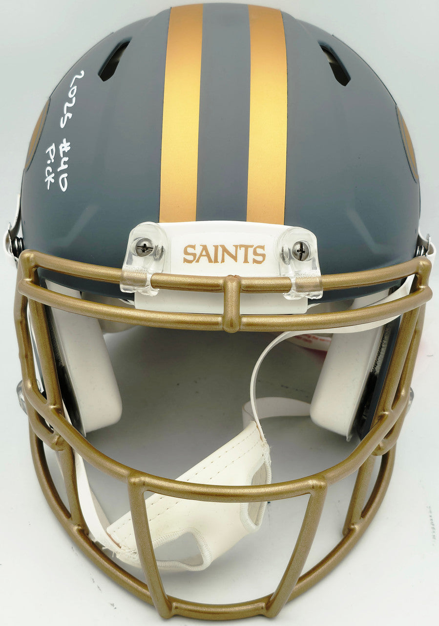 Tyler Shough Autographed New Orleans Saints Slate Gray Full Size Speed Authentic Helmet "2025 #40 Pick" Fanatics Holo #DC75984482
