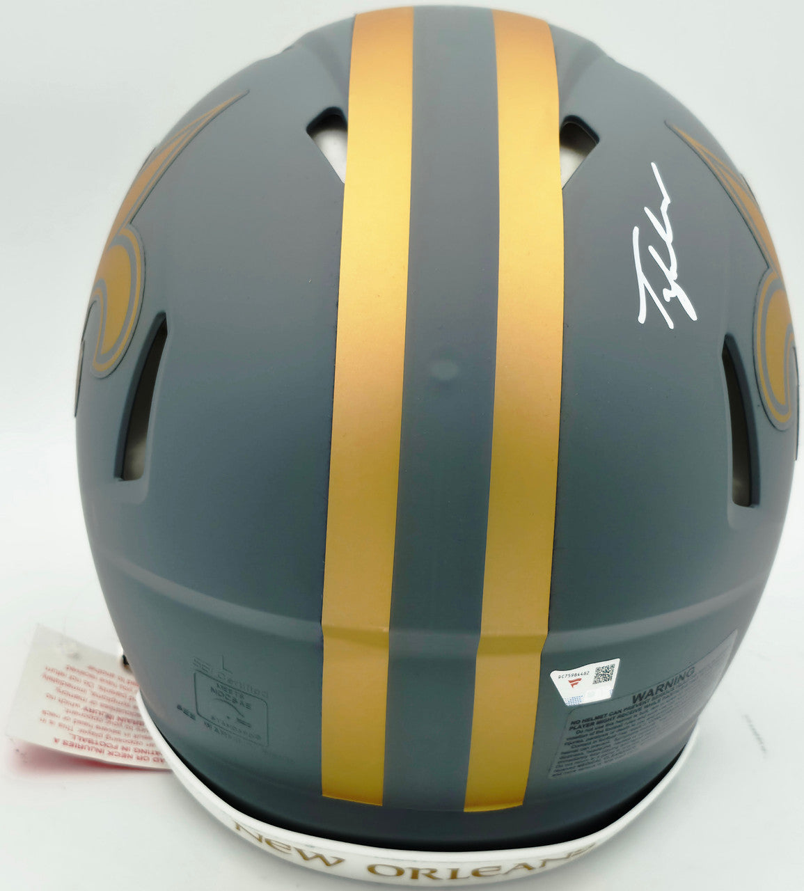 Tyler Shough Autographed New Orleans Saints Slate Gray Full Size Speed Authentic Helmet "2025 #40 Pick" Fanatics Holo #DC75984482