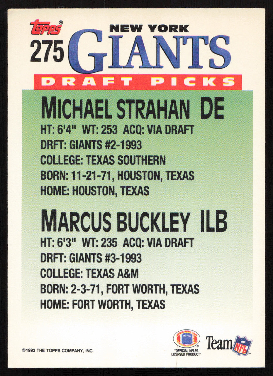 Michael Strahan & Marcus Buckley Autographed 1993 Topps Rookie Card #275 New York Giants SKU #260107