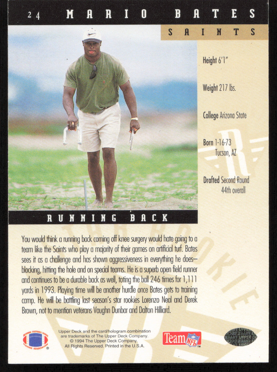 Mario Bates Autographed 1994 Upper Deck Rookie Card #24 New Orleans Saints SKU #260197
