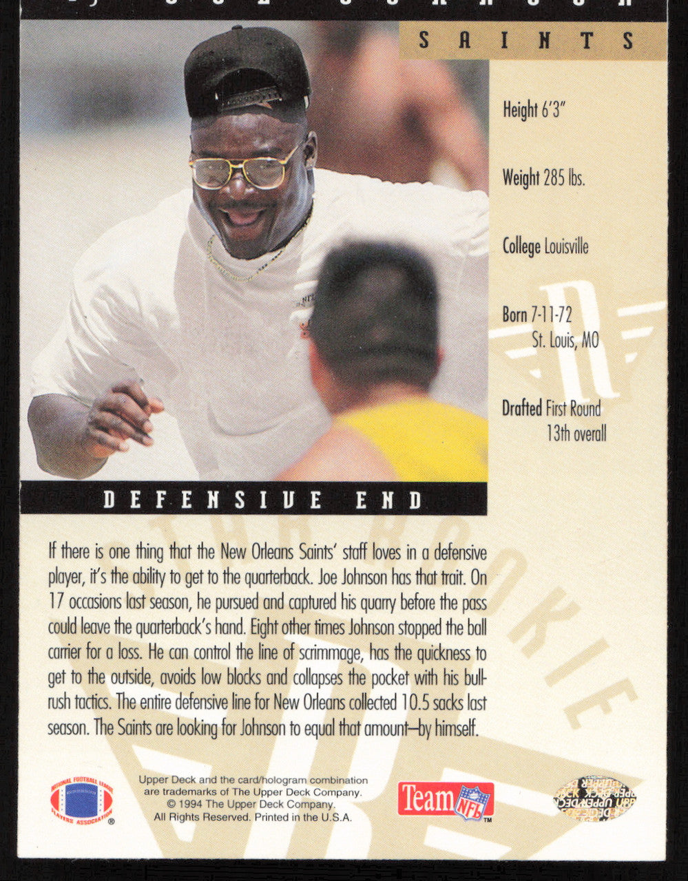 Joe Johnson Autographed 1994 Upper Deck Rookie Card #23 New Orleans Saints SKU #260202
