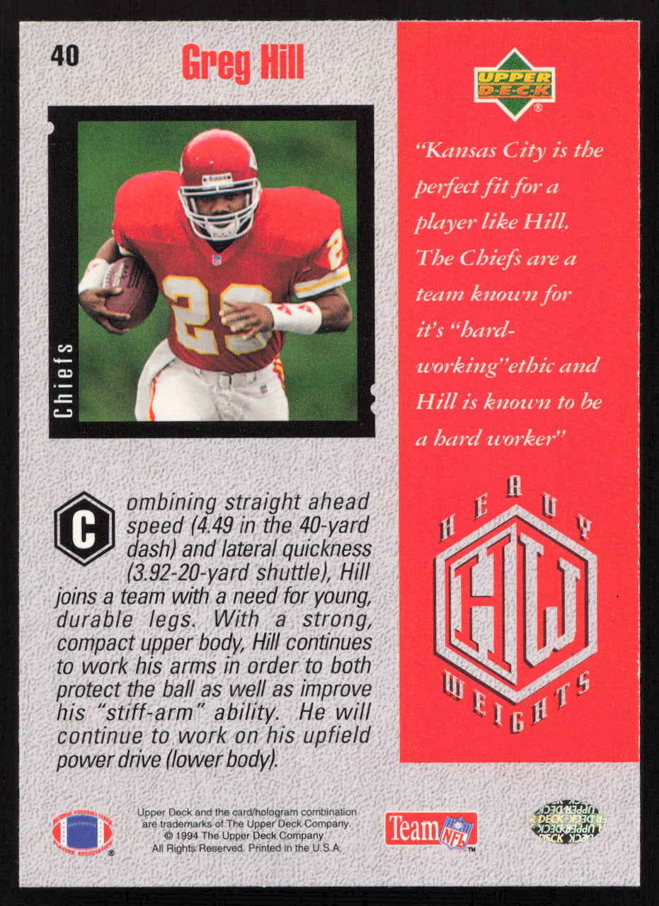 Greg Hill Autographed 1994 Upper Deck Rookie Card #40 Kansas City Chiefs SKU #260207