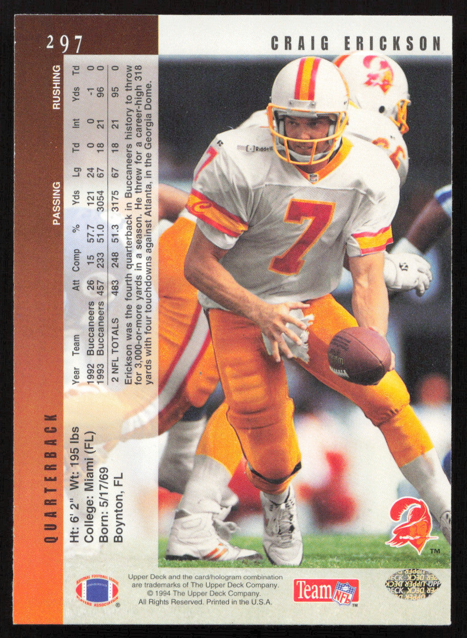 Craig Erickson Autographed 1994 Upper Deck Card #297 Tampa Bay Buccaneers SKU #260208