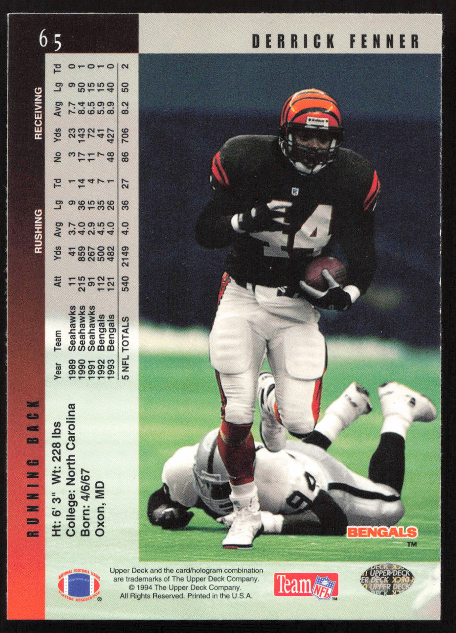 Derrick Fenner Autographed 1994 Upper Deck Card #65 Cincinnati Bengals SKU #260227