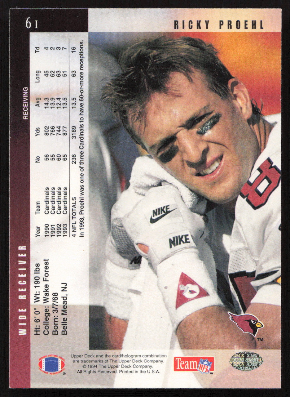 Ricky Proehl Autographed 1994 Upper Deck Card #61 Arizona Cardinals SKU #260231