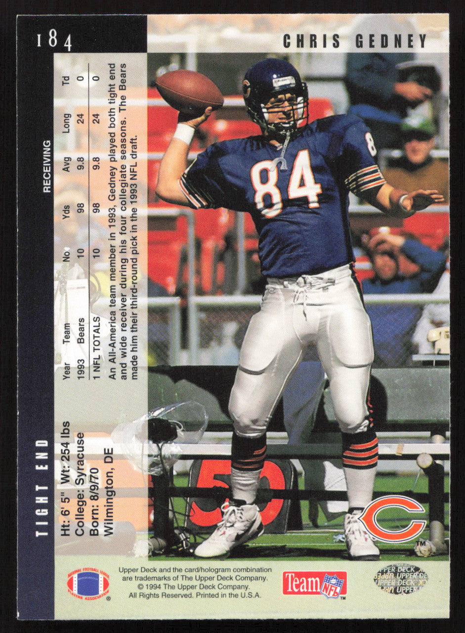 Chris Gedney Autographed 1994 Upper Deck Card #184 Chicago Bears SKU #260237