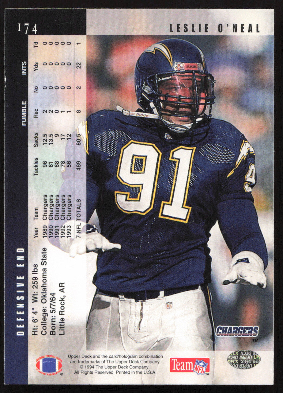 Leslie O'Neal Autographed 1994 Upper Deck Card #174 San Diego Chargers SKU #260240