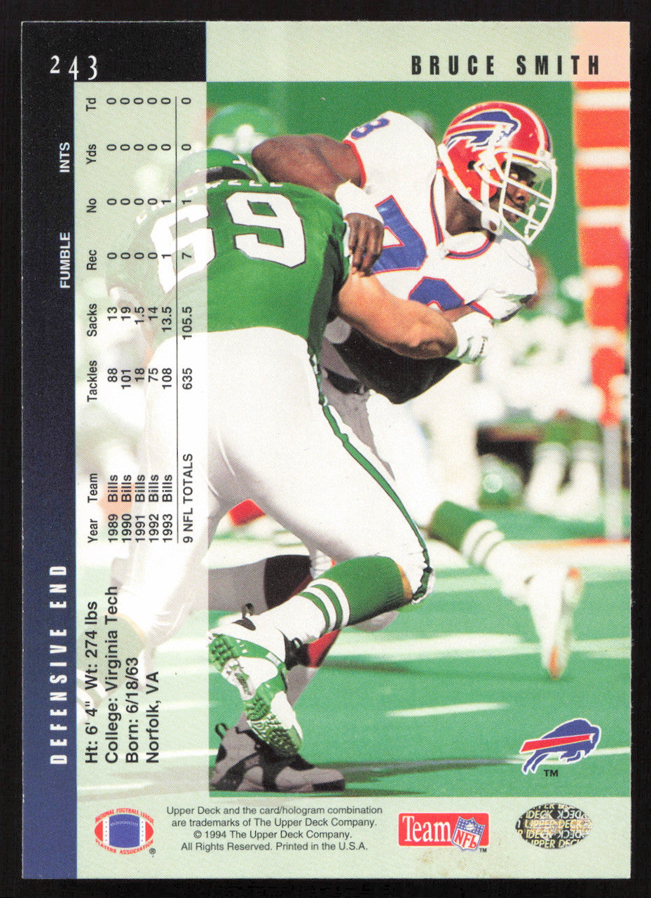 Bruce Smith Autographed 1994 Upper Deck Card #243 Buffalo Bills SKU #260245