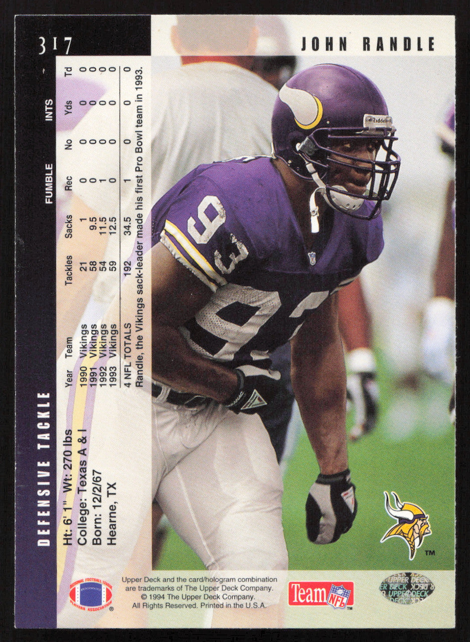 John Randle Autographed 1994 Upper Deck Card #317 Minnesota Vikings SKU #260248