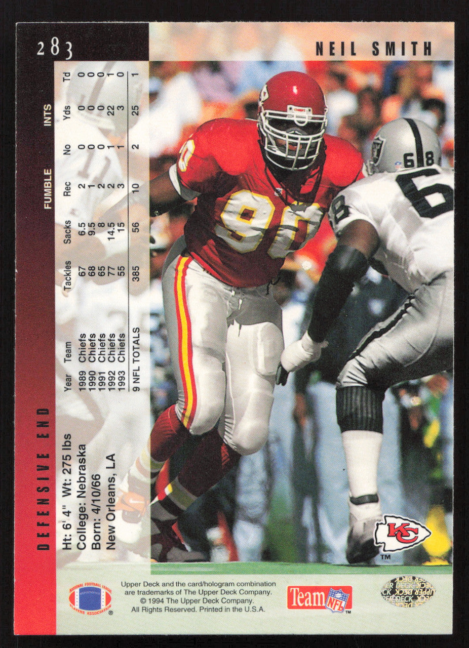 Neil Smith Autographed 1994 Upper Deck Card #283 Kansas City Chiefs SKU #260250