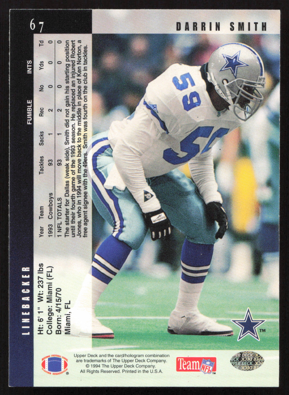 Darrin Smith Autographed 1994 Upper Deck Card #67 Dallas Cowboys SKU #260254
