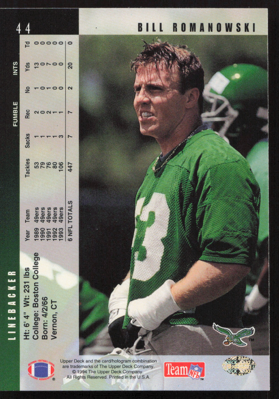 Bill Romanowski Autographed 1994 Upper Deck Card #44 New York Jets SKU #260259