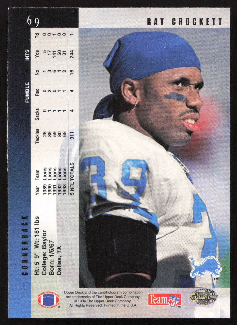 Ray Crockett Autographed 1994 Upper Deck Card #69 Detroit Lions SKU #260268