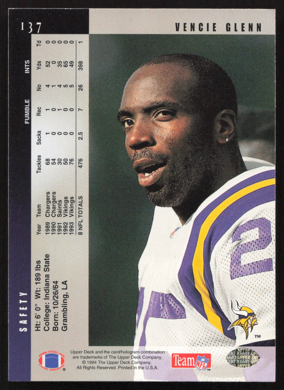 Vencie Glenn Autographed 1994 Upper Deck Card #137 Minnesota Vikings SKU #260271