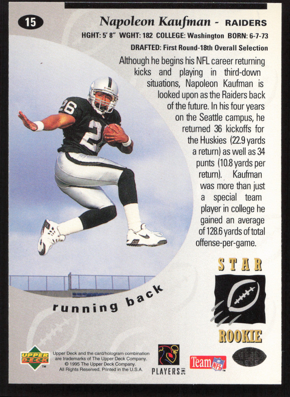Napoleon Kaufman Autographed 1995 Upper Deck Rookie Card #15 Los Angeles Raiders SKU #260277