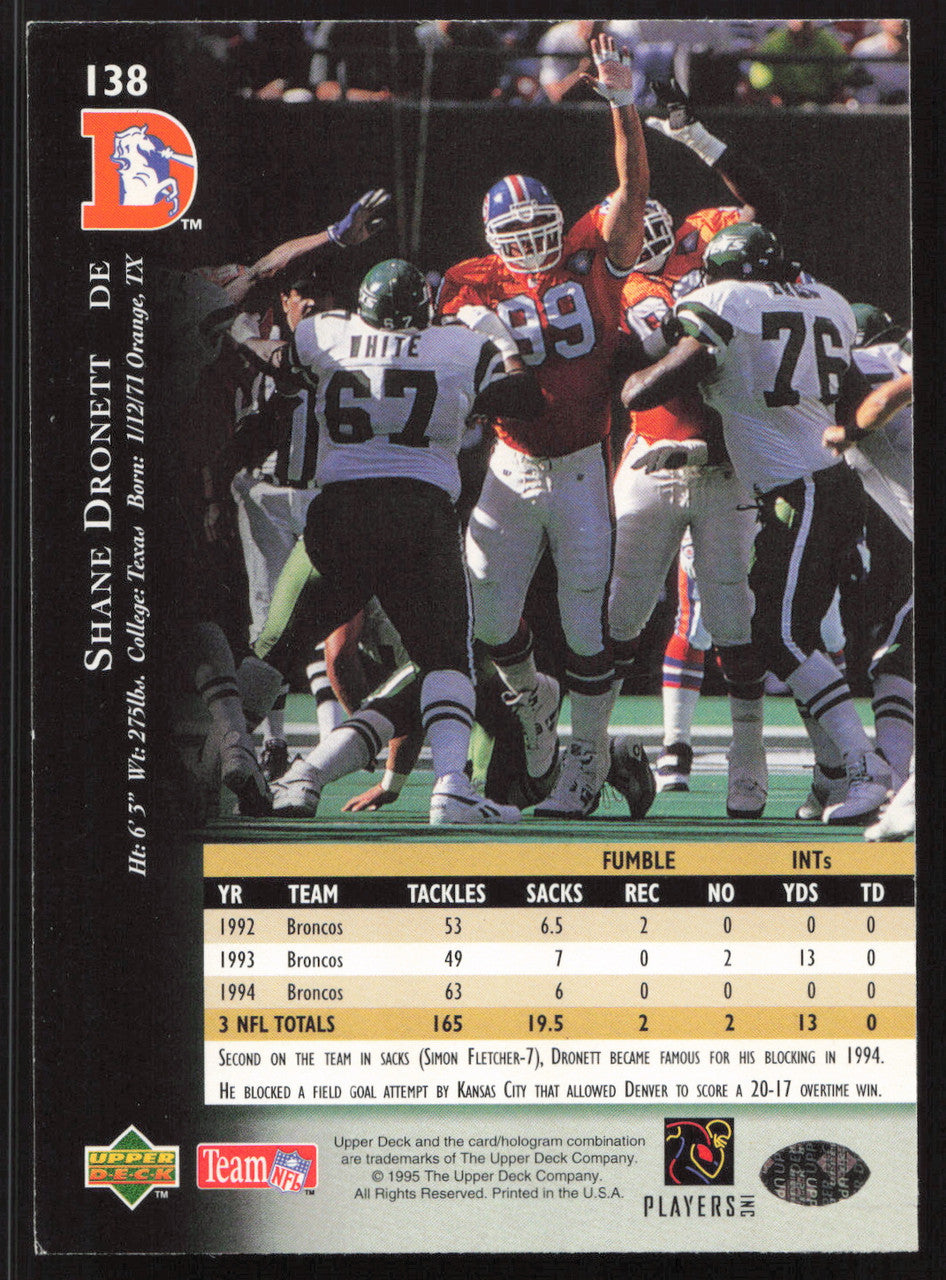 Shane Dronett Autographed 1995 Upper Deck Card #138 Denver Broncos SKU #260325