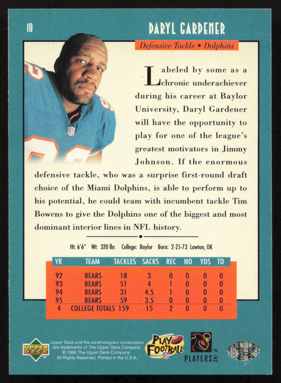 Daryl Gardener Autographed 1996 Upper Deck Rookie Card #19 Miami Dolphins SKU #260345